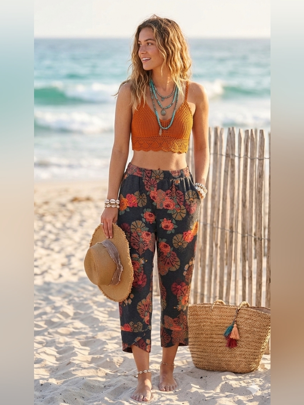 Urban Outfitters Boho Floral Tapestry Tulip Hem Pants XS Charcoal Orange Knit - Picture 2 of 6